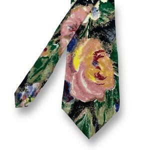 Je Suis Painted Floral Neck Tie Multicolor Artsy Green Pink Retro Unique Novelty
